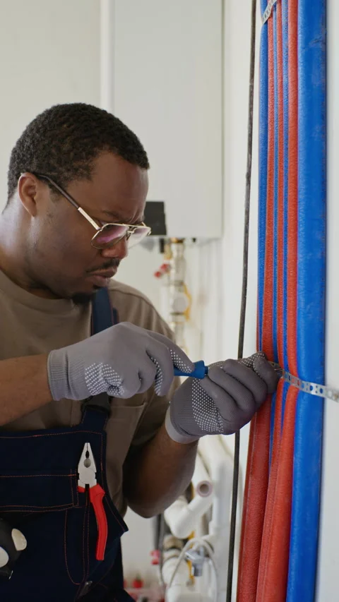 Black Professional Plumber Installing Pipes for Heating System Stock Footage 340624042