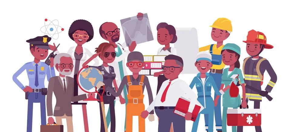 Black professional workers of different occupations and jobs Stock Illustration