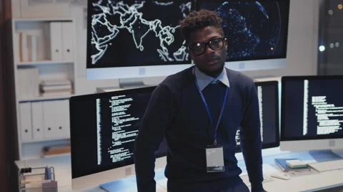 Black Programmer Posing by Monitors Stock-Footage 171063421