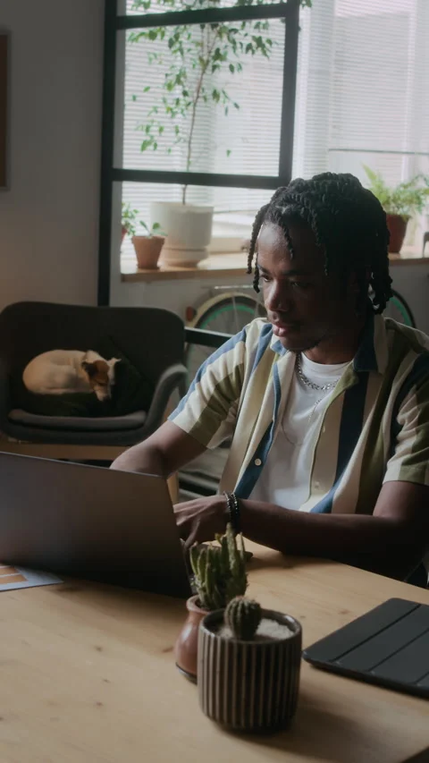 Black Programmer Working on Laptop in Pet Friendly Office Stock Footage 306215911