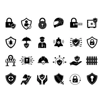 Black Protection Icon Set. Vector Illustrations Password, Digital, Helmet, .. Stock Illustration