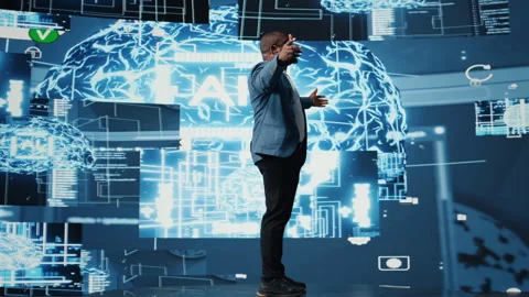 Black public speaker engineer presenting AI neural networks to the audience Stock Footage 312414336