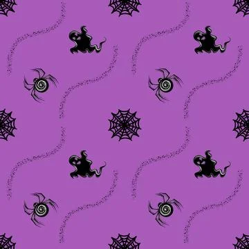 Black on purple seamless pattern with ghost and spider Stock Illustration