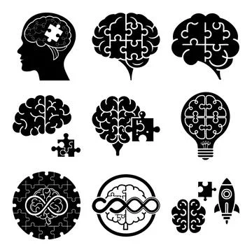 Black puzzle brain with human head silhouettes and light bulb msea set white Stock Illustration
