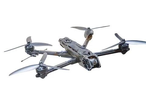 Black quadcopter drone with metallic components on light grey background, no  Stock Photos
