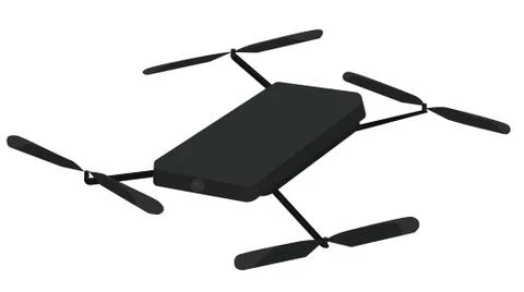 Black quadcopter on white. drone gadget with a camera. illustration of spy in Illustrazione stock