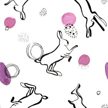 Black Rabbits pattern dotted doodle with watercolor pink circles. Stock Illustration