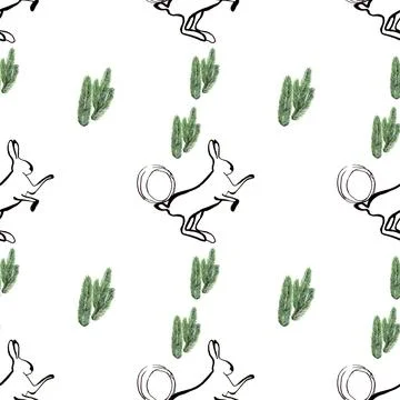 Black Rabbits pattern dotted doodle with christmas pine wreath Stock Illustration