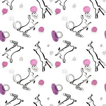 Black Rabbits pattern dotted doodle with watercolor pink circles. Stock Illustration