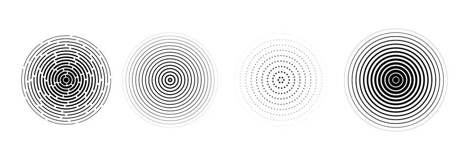 Black radial circle set. Sonar or sound wave ring collection. Halftone and Stock Illustration