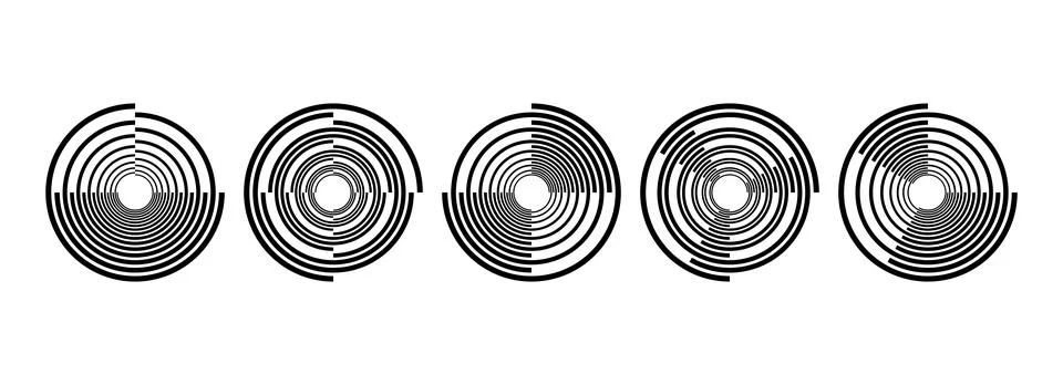Black radial spiral pattern set. Circular rotating speed line form collection Stock Illustration