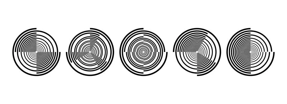 Black radial spiral pattern set. Circular rotating speed line form collection Stock Illustration