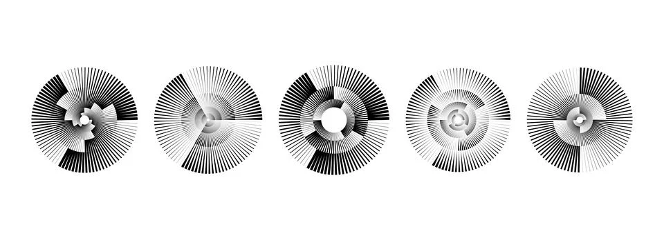 Black radial spiral pattern set. Circular rotating speed line form collection Illustrazione stock