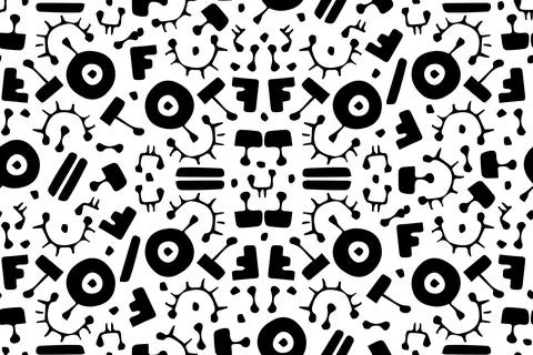 Black random hand drawn seamless pattern of aztec elements on white background Stock Illustration