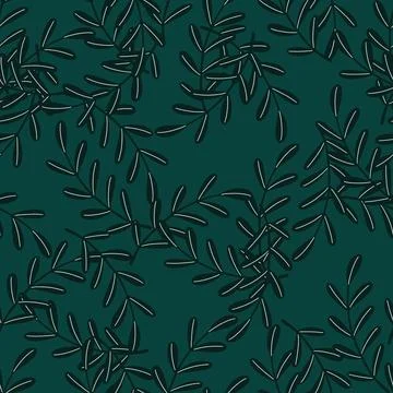 Black random herbal twigs seamless pattern in hand drawn style. Turquoise dar Stock Illustration