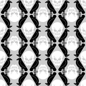 Black raven and skull Pattern seamless. Black crow symbol of death Background Stock Illustration