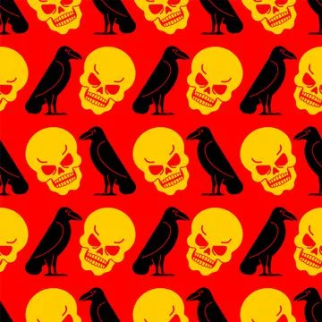 Black raven and skull Pattern seamless. Black crow symbol of death Background Stock Illustration