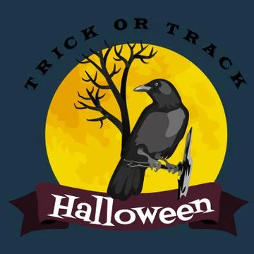 Black raven in moonlight perched on tree. Scary, creepy, gothic setting Illustrazione stock