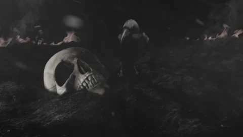 Black Raven Pecking a Human Skull After a Fire Stock Footage 130600905