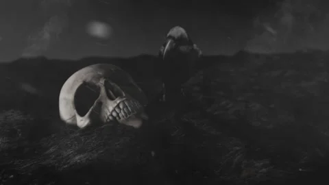 Black Raven Pecking a Human Skull in a Burning Field Stock Footage 130600968
