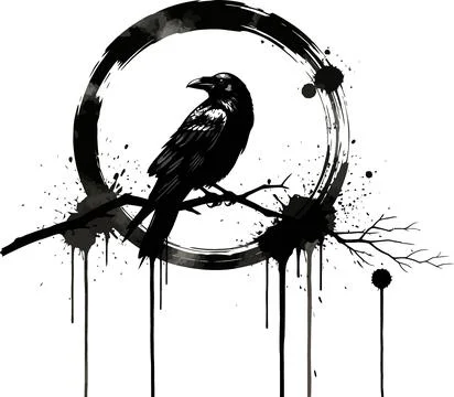 Black Raven Perched on Branch Inside Ink Splatter Circle, Grunge Style Stock Illustration
