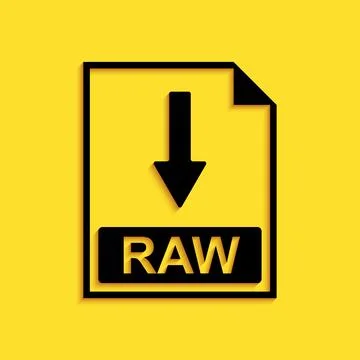 Black RAW file document icon. Download RAW button icon isolated on yellow Ilustração Stock
