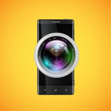 Black realistic cellphone with a camera objective, vector illustration Stock Illustration