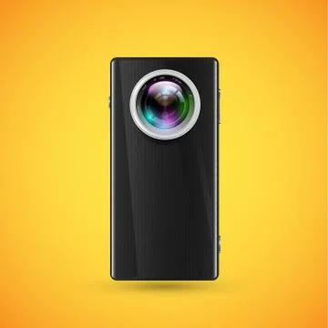 Black realistic cellphone with a camera objective, vector illustration Stock Illustration