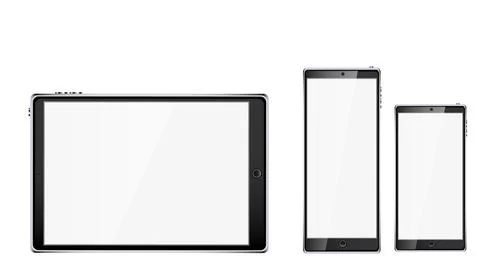 Black realistic mobile smart touchscreen tablet computer and two mobile phone Stock Illustration