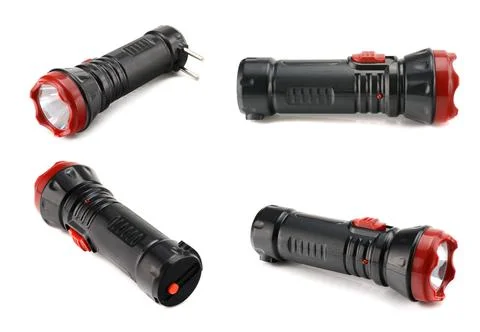 Black rechargeable electric LED flashlight isolated on white background. Stock Photos