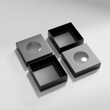 Black rectangular box mockup, square box packaging wiht circle window Illustrazione stock