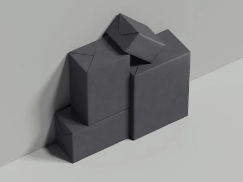 Black rectangular boxes stand next to the grey wall , 3d rendering 스톡 일러스트