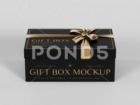 Black Rectangular Gift Box Mockup with Gold Ribbon and Bow on Gray Background PSD Template