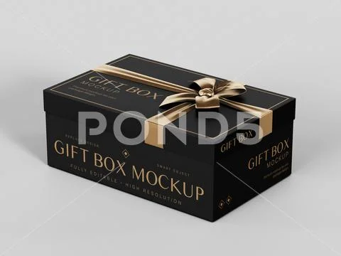 Black Rectangular Gift Box Mockup with Gold Ribbon and Bow on Gray Background PSD-Vorlage