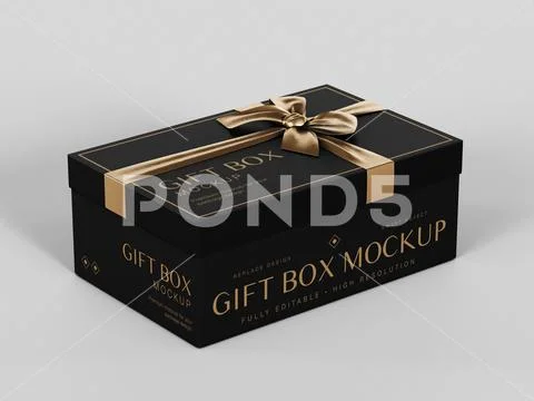 Black Rectangular Gift Box Mockup with Gold Ribbon and Bow on Gray Background PSD Template