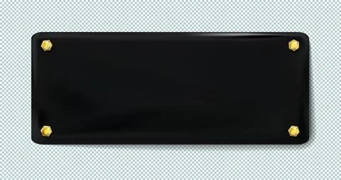 Black rectangular painted plate with gold bolt or screws isolated. 库存插图