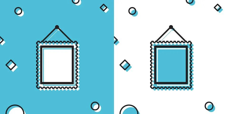 Black Rectangular picture frame hanging on the wall icon isolated on blue and Illustrazione stock