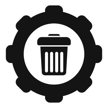 Black recycle bin icon inside gear showing recycling setting Stock Illustration