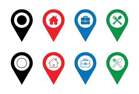 Black red blue green map pin icons with house briefcase fork spoon symbols .. Stock Illustration