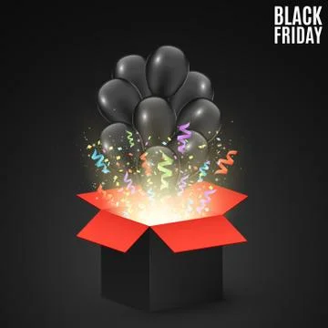 Black red gift box on a dark background with black balloons. Background for s Illustrazione stock