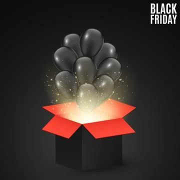 Black red gift box on a dark background with black balloons. Background for s Stock Illustration