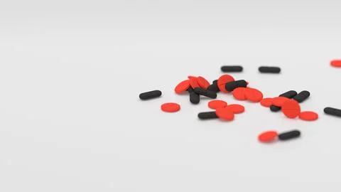 Black red tablets on white background with shallow DOF. Drugs, pills, tablets Stock Illustration