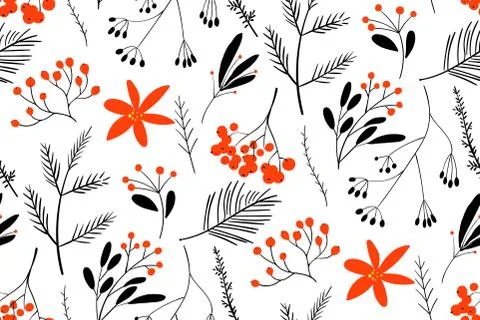 Black-red winter berries. Hand drawn floral seamless vector pattern. New year Stock Illustration