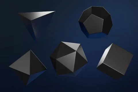 Black regular polyhedra ok blue background. Platonic solids. 3d illustration. Stock Illustration