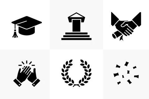 Black representing graduation cap, handshake, trophy, laurel wreath, and co.. Stock Illustration