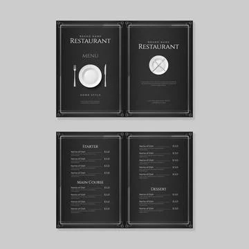 Black restaurant menu design. Cafe logo. Food flyer. Brochure cover. Meal Stock Illustration