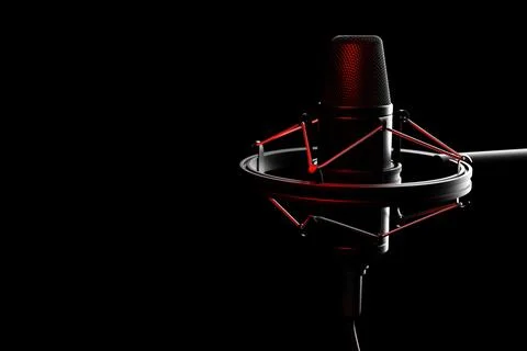Black retro microphone against the backdrop of the walls of a recording studi Stock Illustration