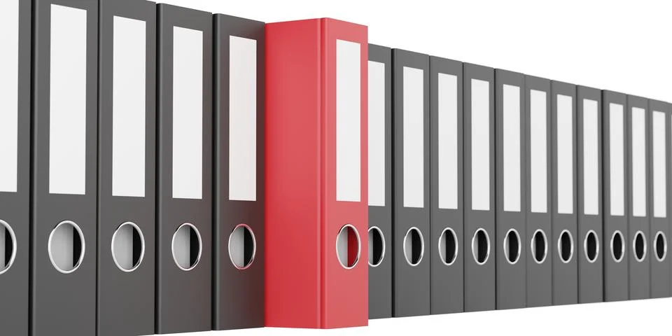 Black ring binders or file folders row on white background, one red standin.. Stock Illustration