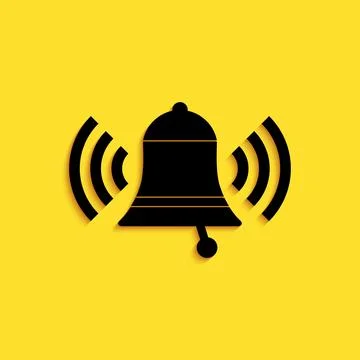 Black Ringing bell icon isolated on yellow background. Alarm symbol, service Stock Illustration