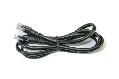 Black RJ45 computer network connecting cable on white background Foto stock